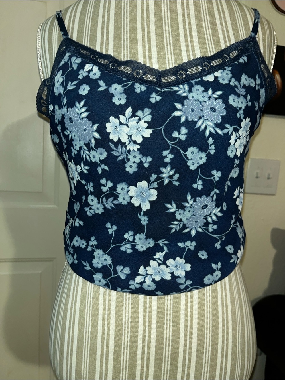 Floral Lace-Trim Navy Cami Top